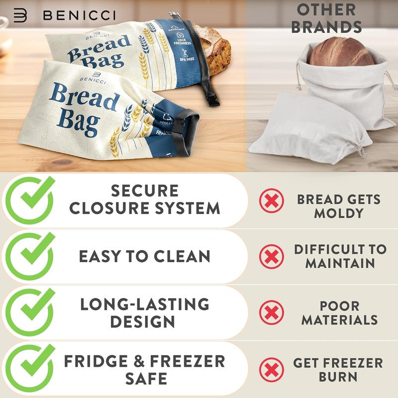 Benicci 2 Pack Reusable Bread Bags - Perfect To Store Homemade Sourdough Loaf Breads - Special Double-Lock for Longer Freshness - Extra Large Food-Grade Bags - Freezer-Safe Bags for Bread Lovers - Image 4